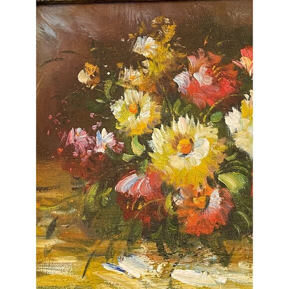 1990s Floral Still Life Oil on Board Jewel-Toned Colors Framed Artist Signed - Picture 7 of 16